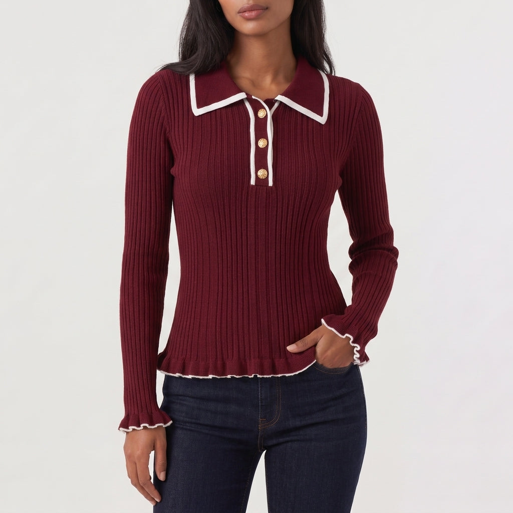 Bea Ribbed Knit Polo Top - Burgundy