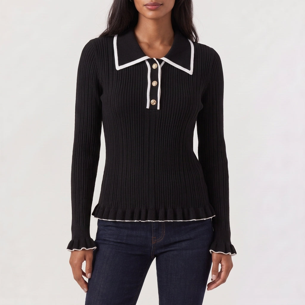 Bea Ribbed Knit Polo Top - Black