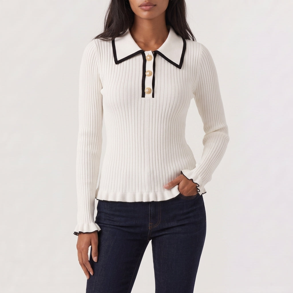 Bea Ribbed Knit Polo Top - White