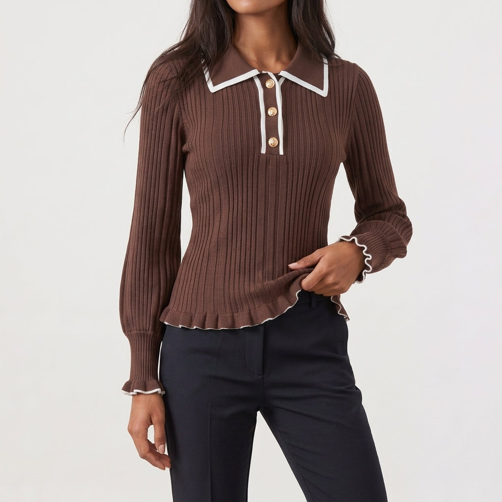 Bea Ribbed Knit Polo Top - Brown