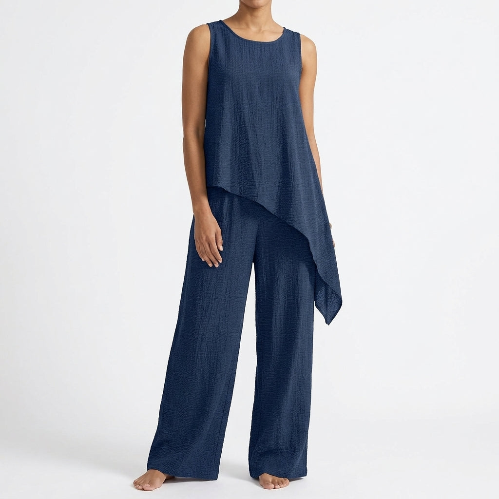 Yasmin Linen Asymmetric Set - Dark Blue