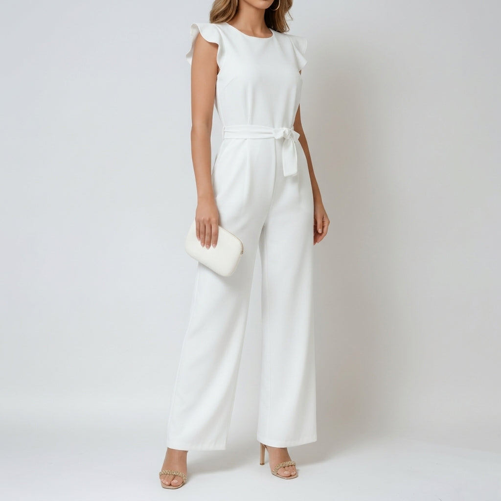 Runa Flutter Sleeve Jumpsuit - White