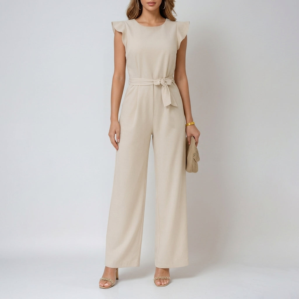 Runa Flutter Sleeve Jumpsuit - Beige