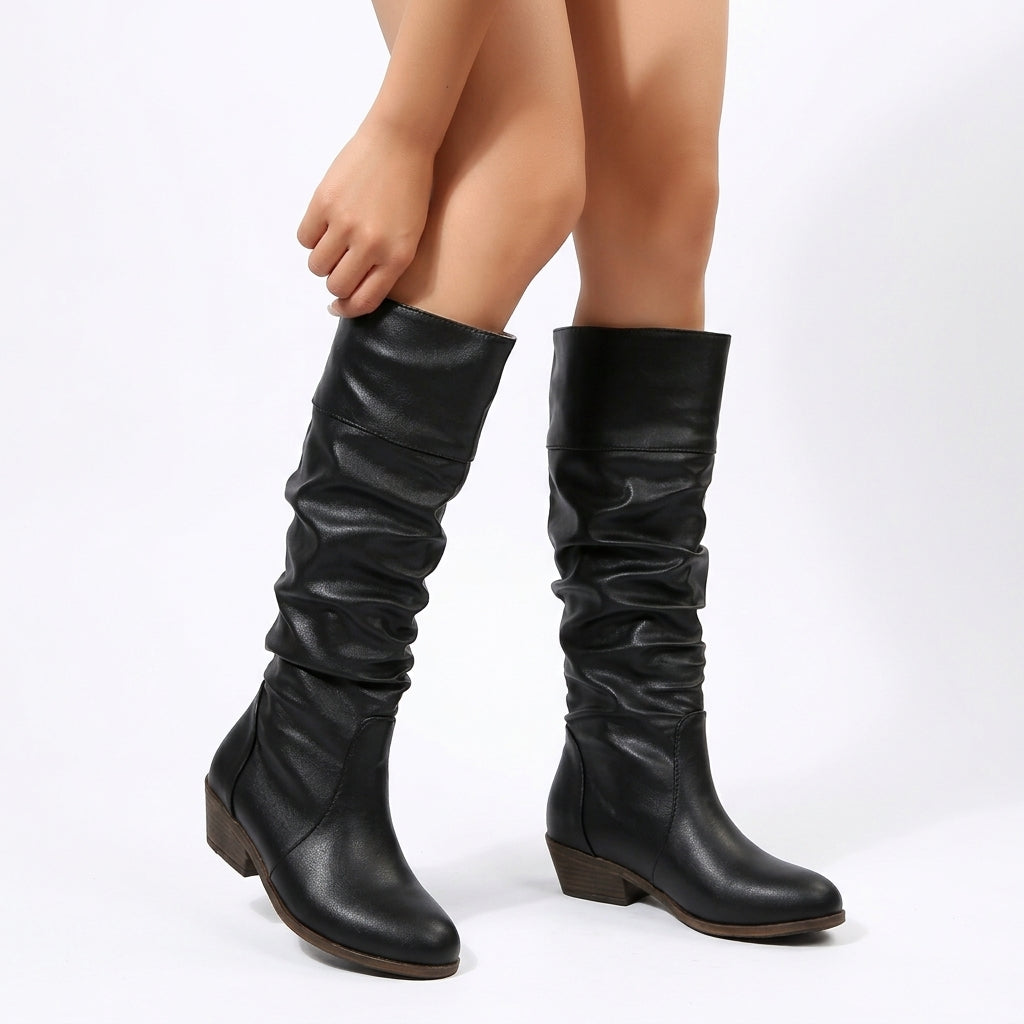 Ylva Leather Slouch Boots - Black