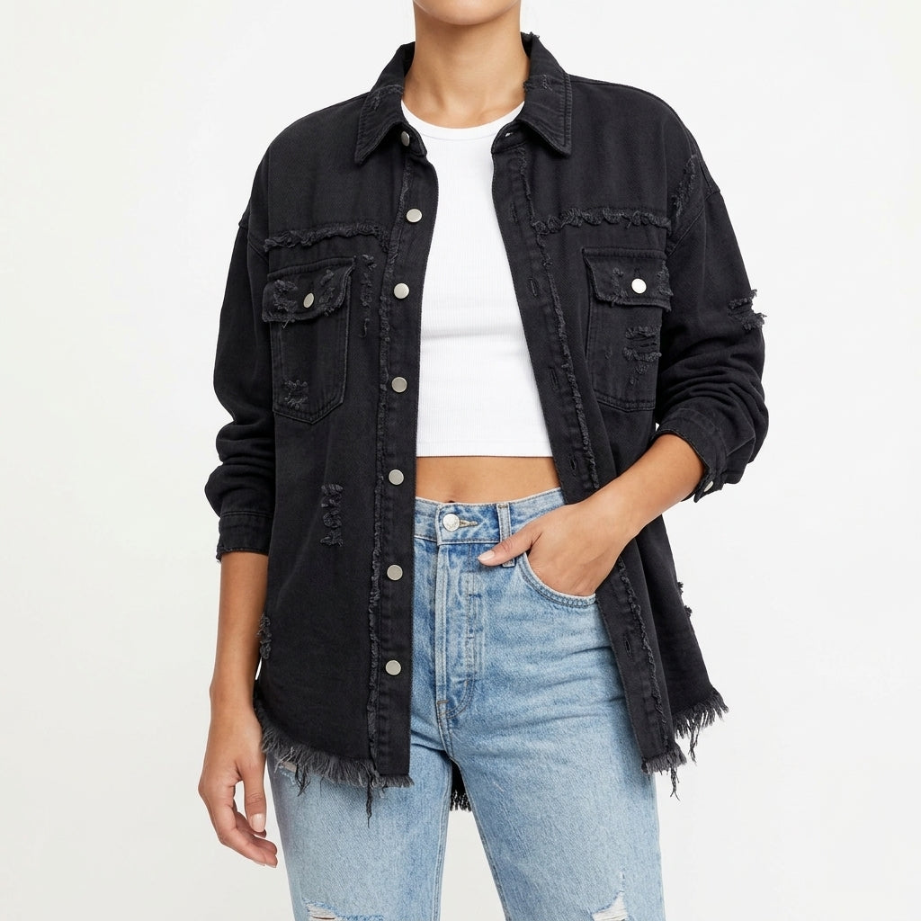 Siri Distressed Denim Shacket - Black