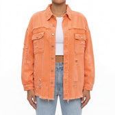 Siri Distressed Denim Shacket - Orange