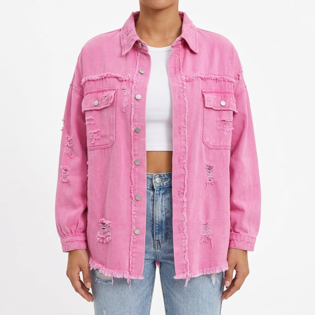 Siri Distressed Denim Shacket - Pink