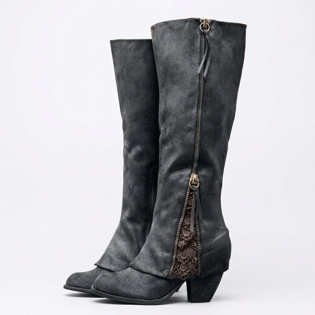Grete Lace Trim Knee Boots - Black