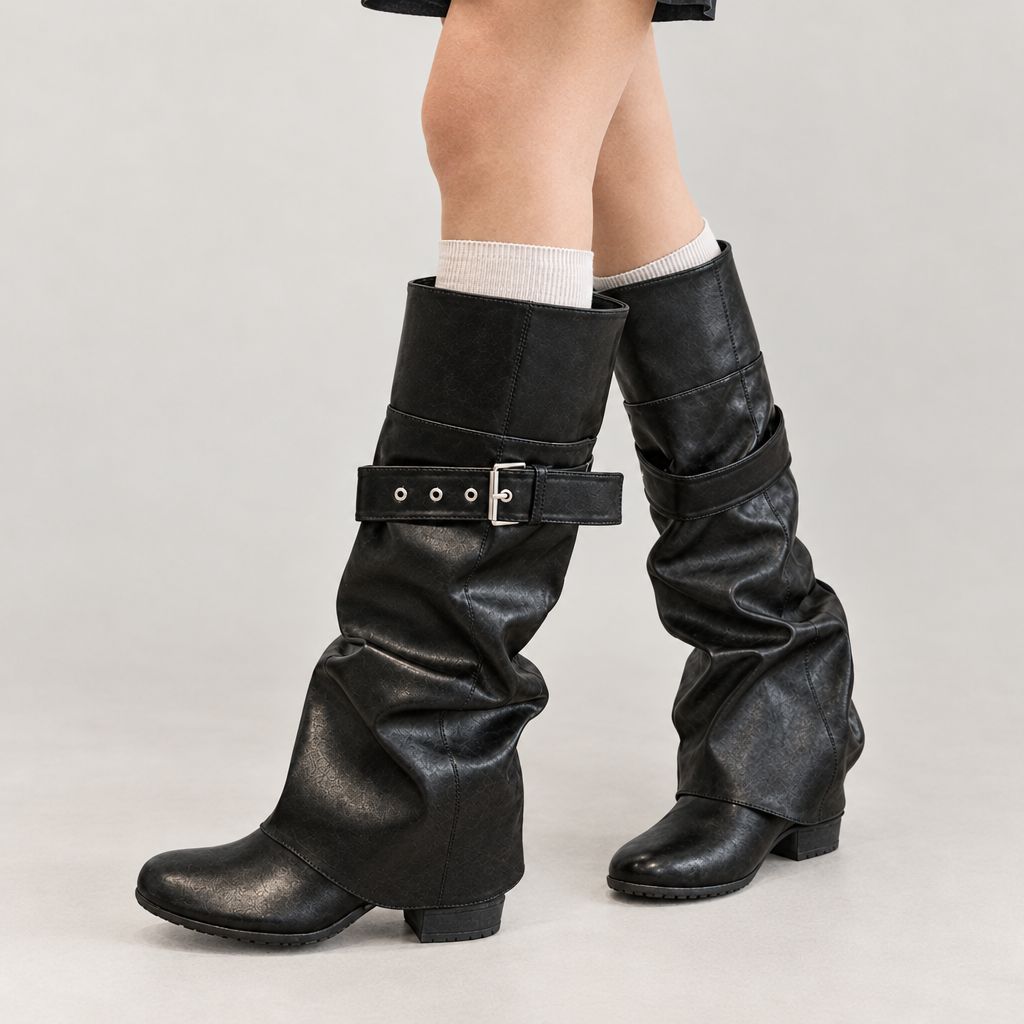 Azelie Buckled Knee High Boots - Black