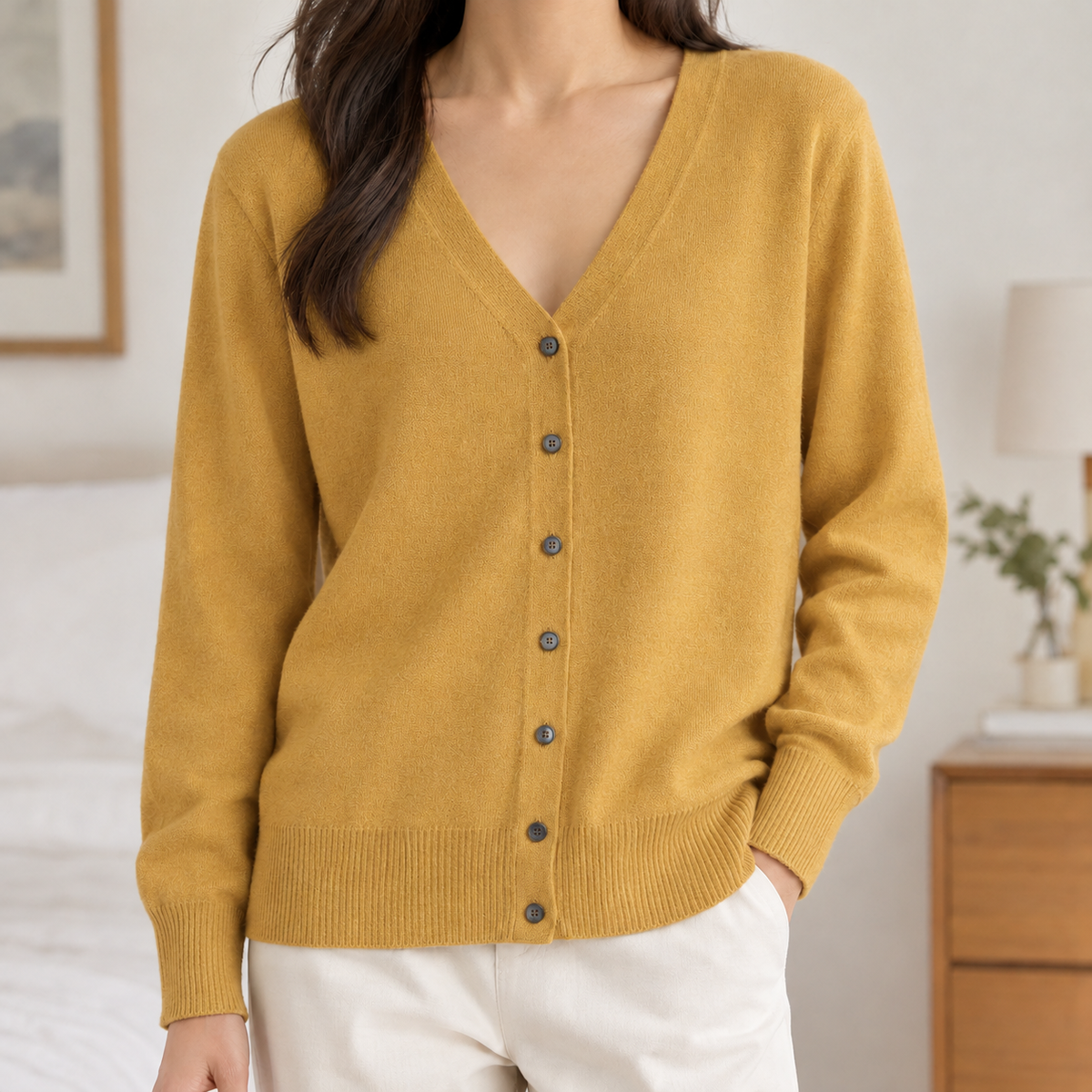 Constanze V Neck Cardigan - Yellow Camel