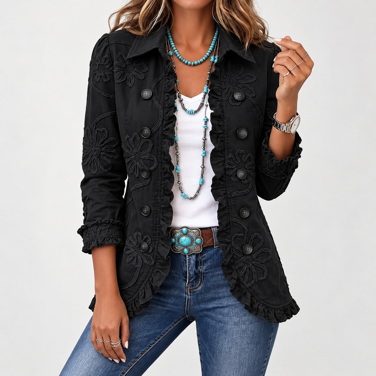 Hermine Floral Ruffle Jacket - Black