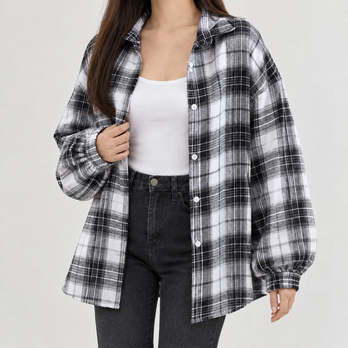 Charline Plaid Overshirt - Black White Grid