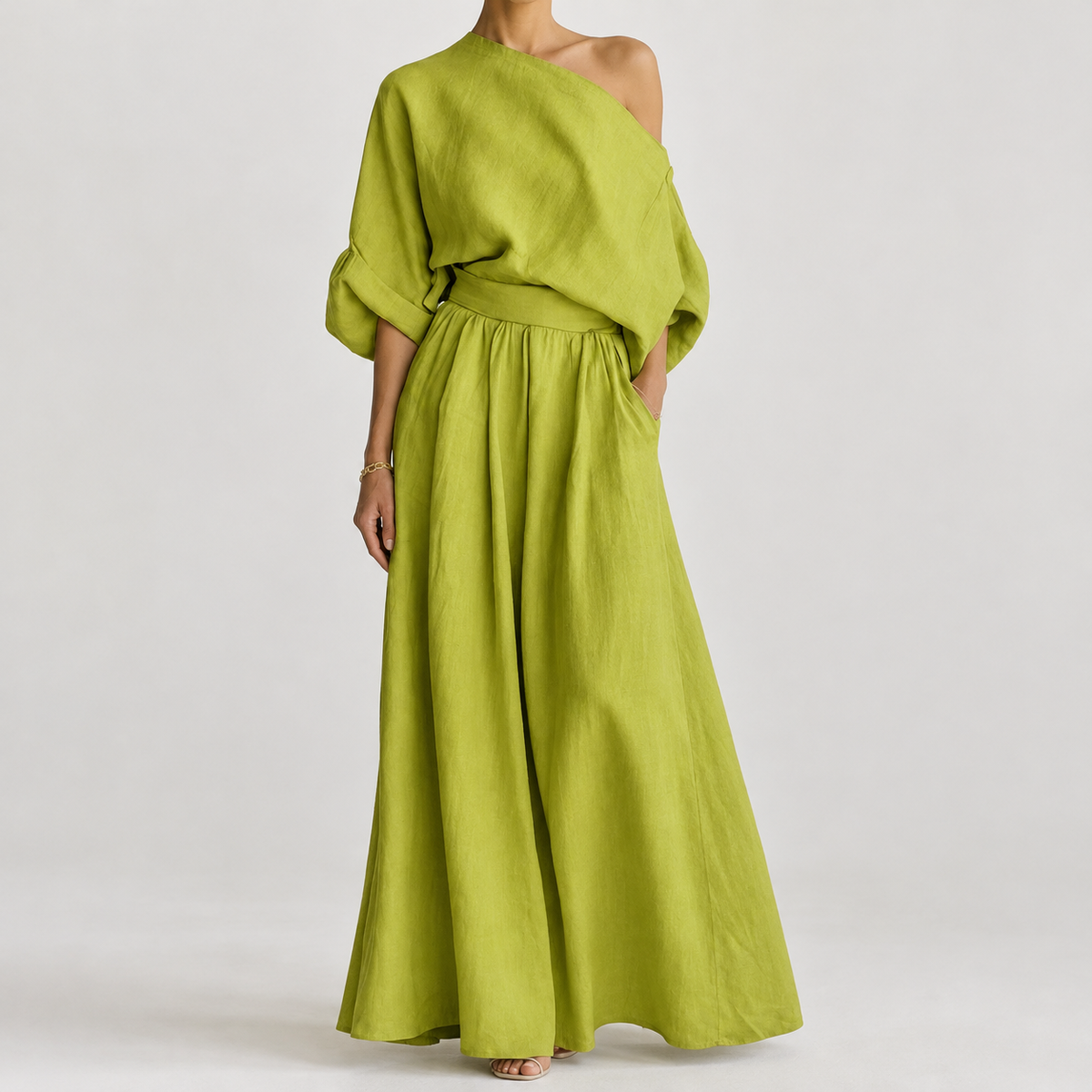 Rosaria Off Shoulder Skirt Set - Yellow Green