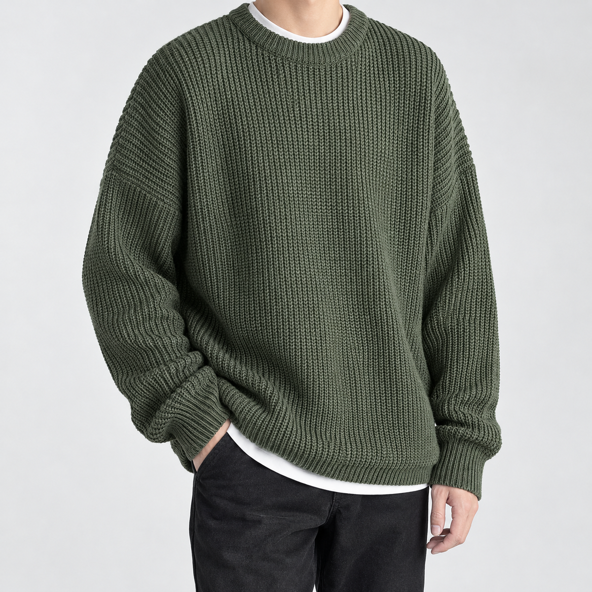 Sebastien Ribbed Crew Neck Sweater - Military Green