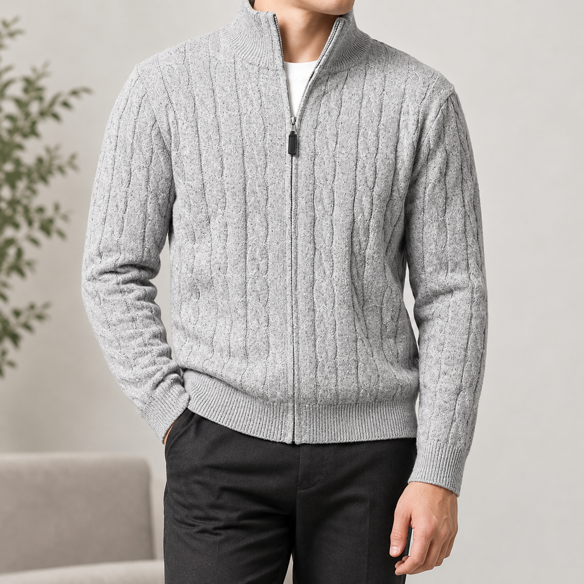 Alfio Cable Knit Sweater - Light Gray