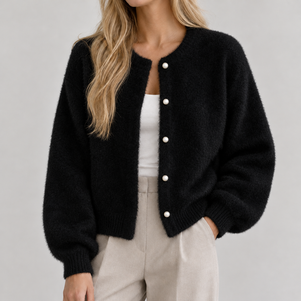 Clotilde Pearl Button Cardigan - Black