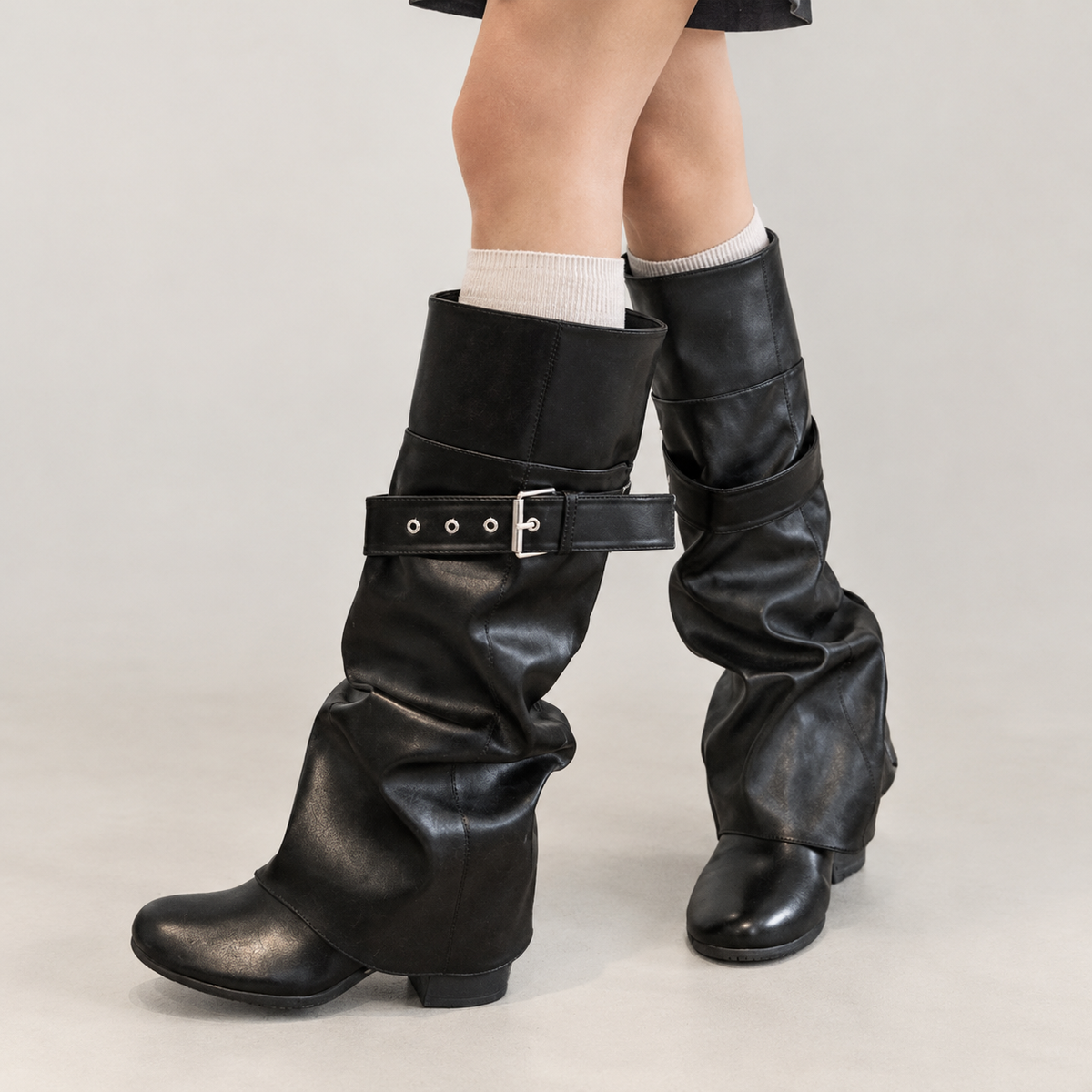 Azelie Buckled Knee High Boots - Black