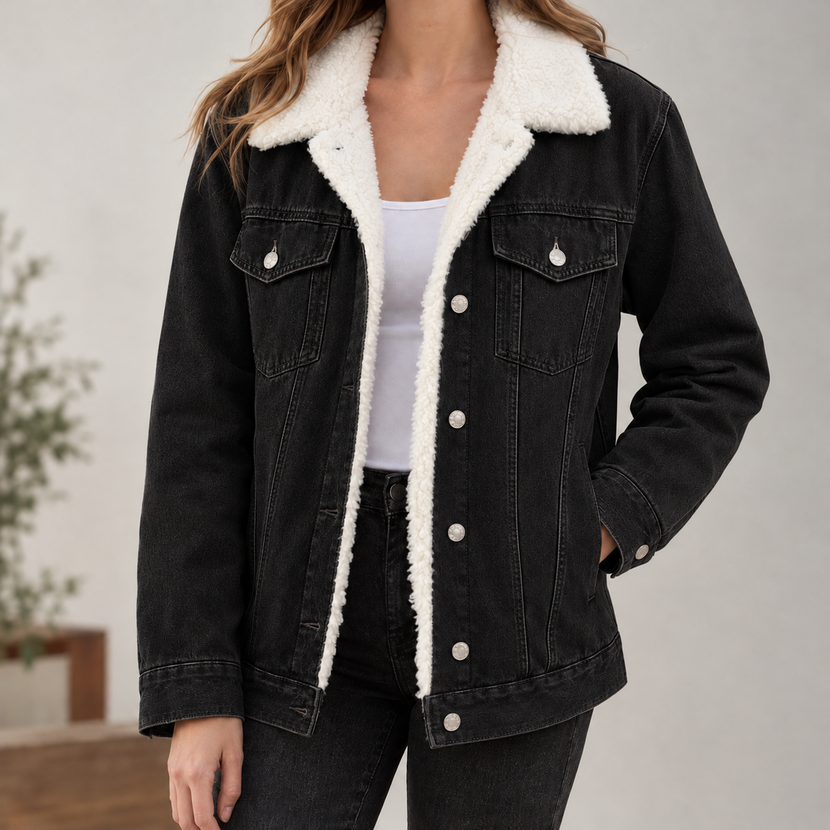 Albano Sherpa Denim Jacket - Black