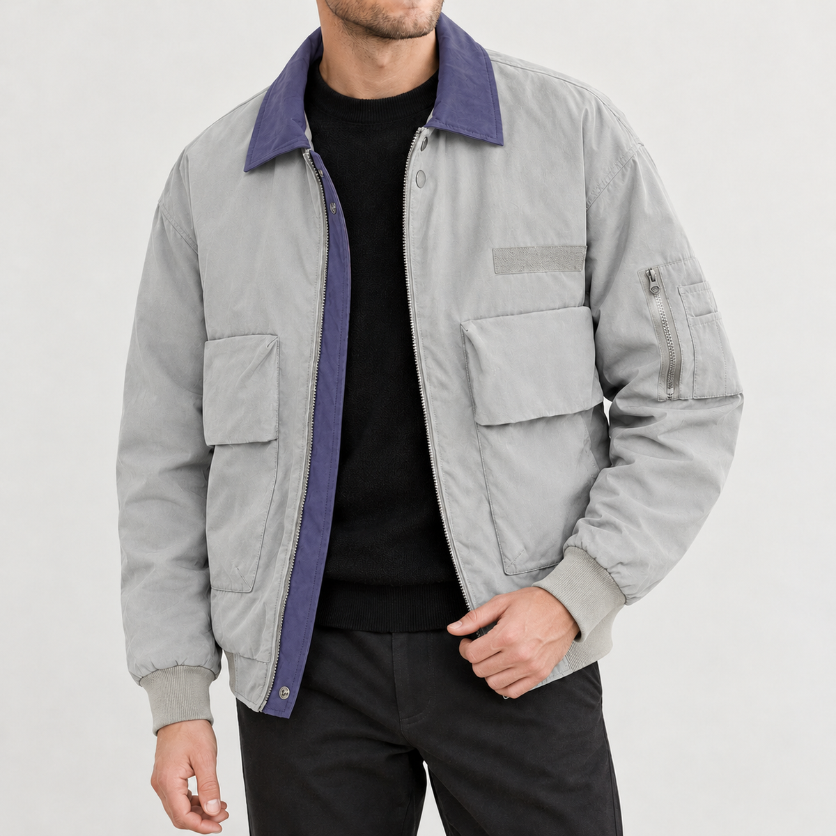 Flavien Contrast Collar Jacket - Silver Gray Green