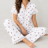 Charlene Lace Trim Pajama Set - White Background Burgundy Heart