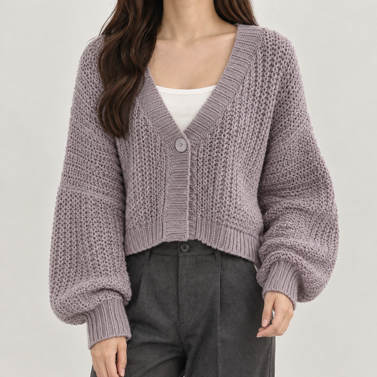Victoria Chunky Knit Cardigan - Gray Purple