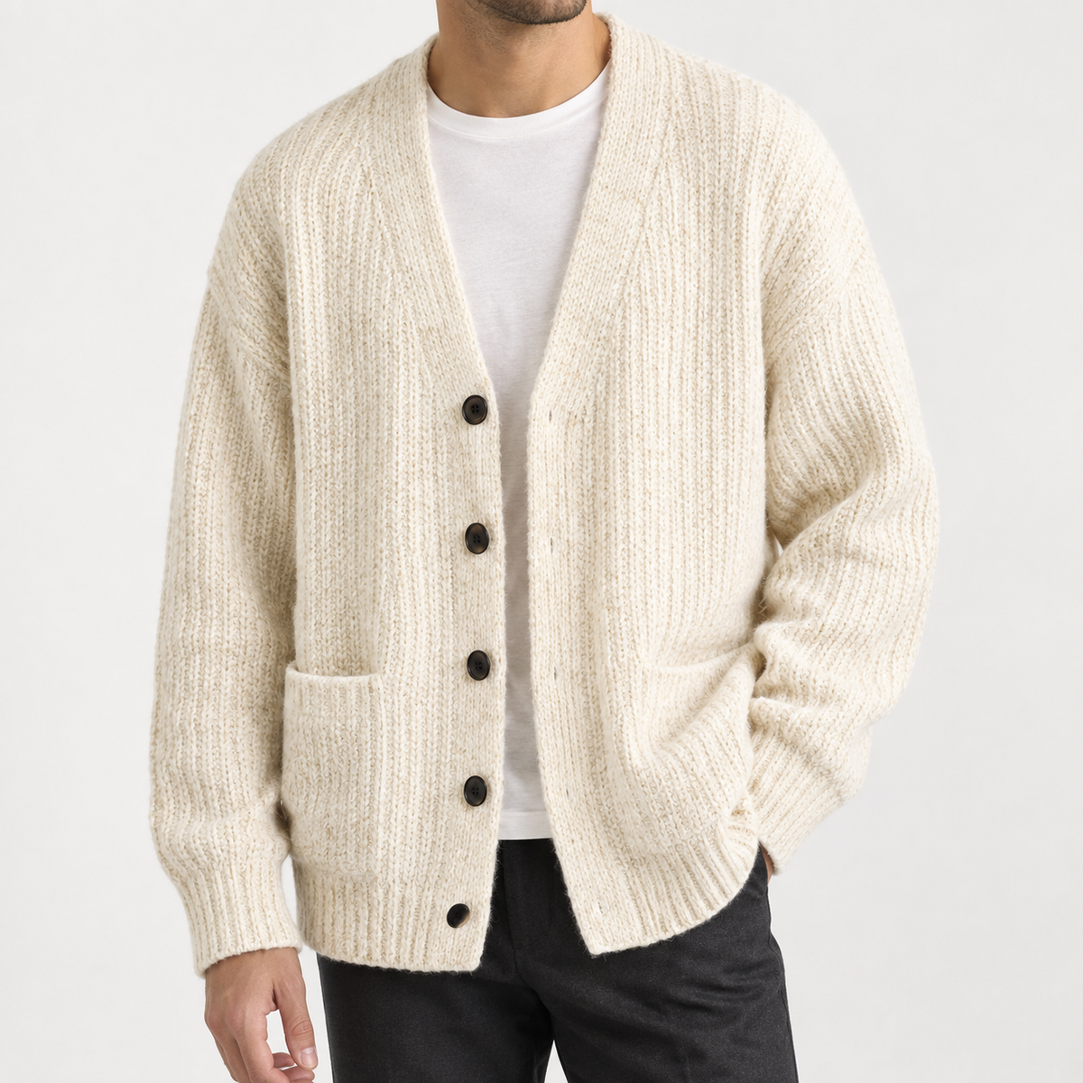 Nico Ribbed Cardigan - White Apricot