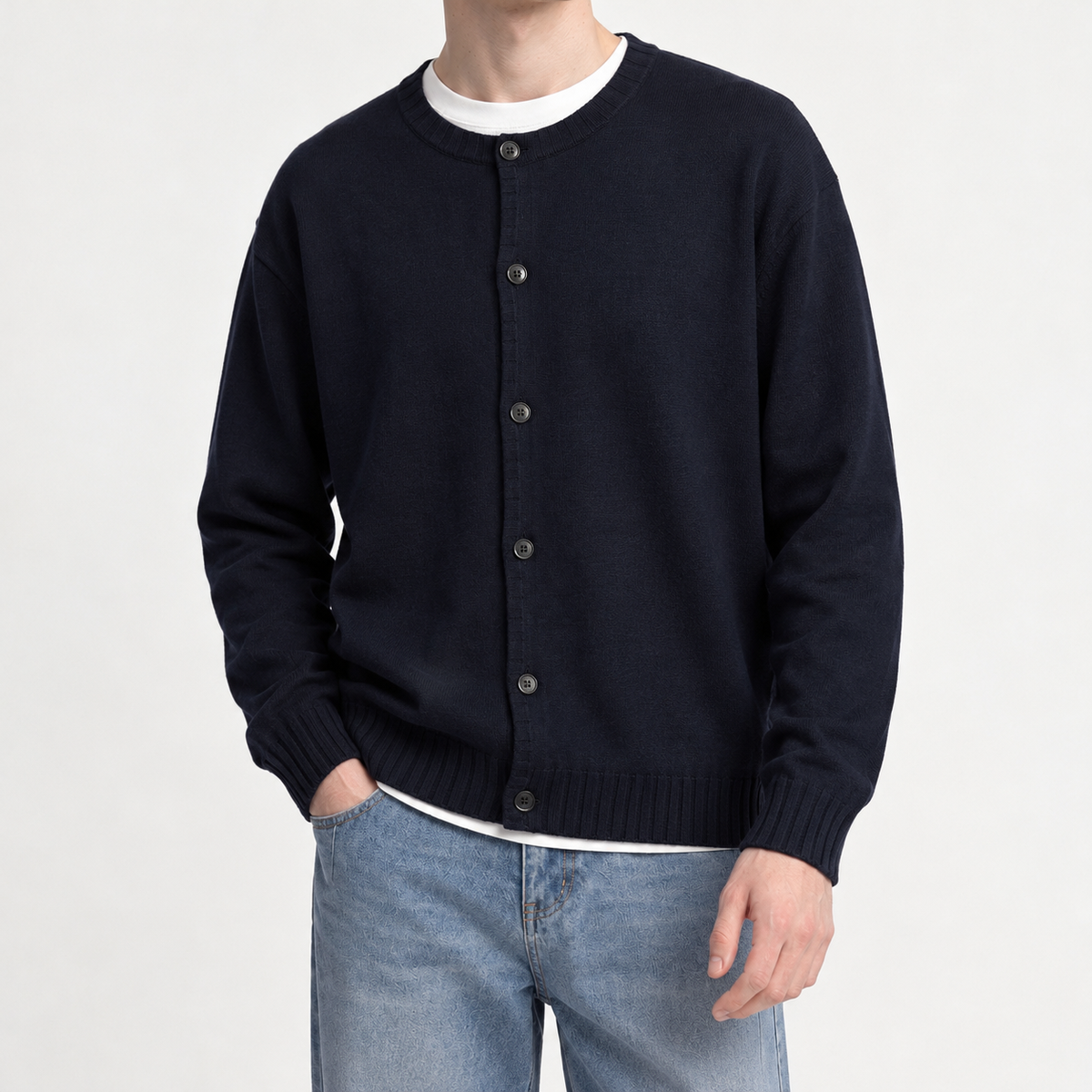 Arnfinn Button Front Cardigan - Navy Blue