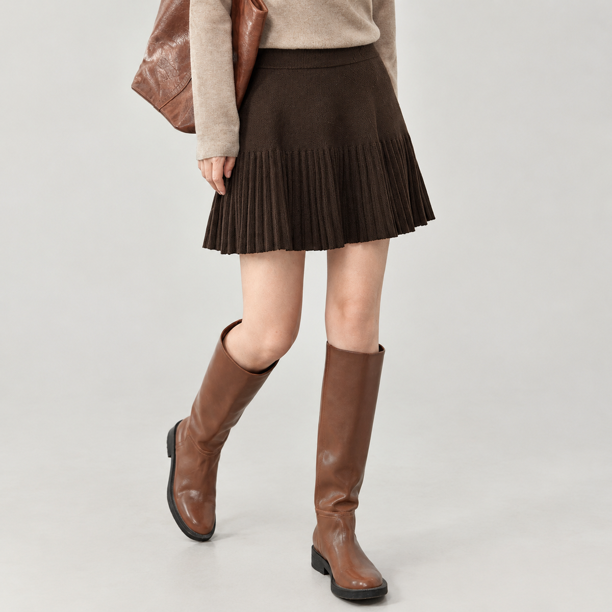 Viveka Pleated Knit Skirt - Brown