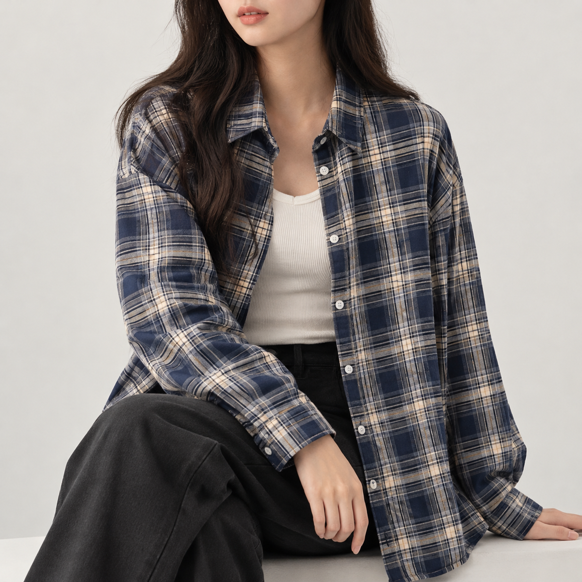 Carlijn Relaxed Plaid Shirt - Navy Blue
