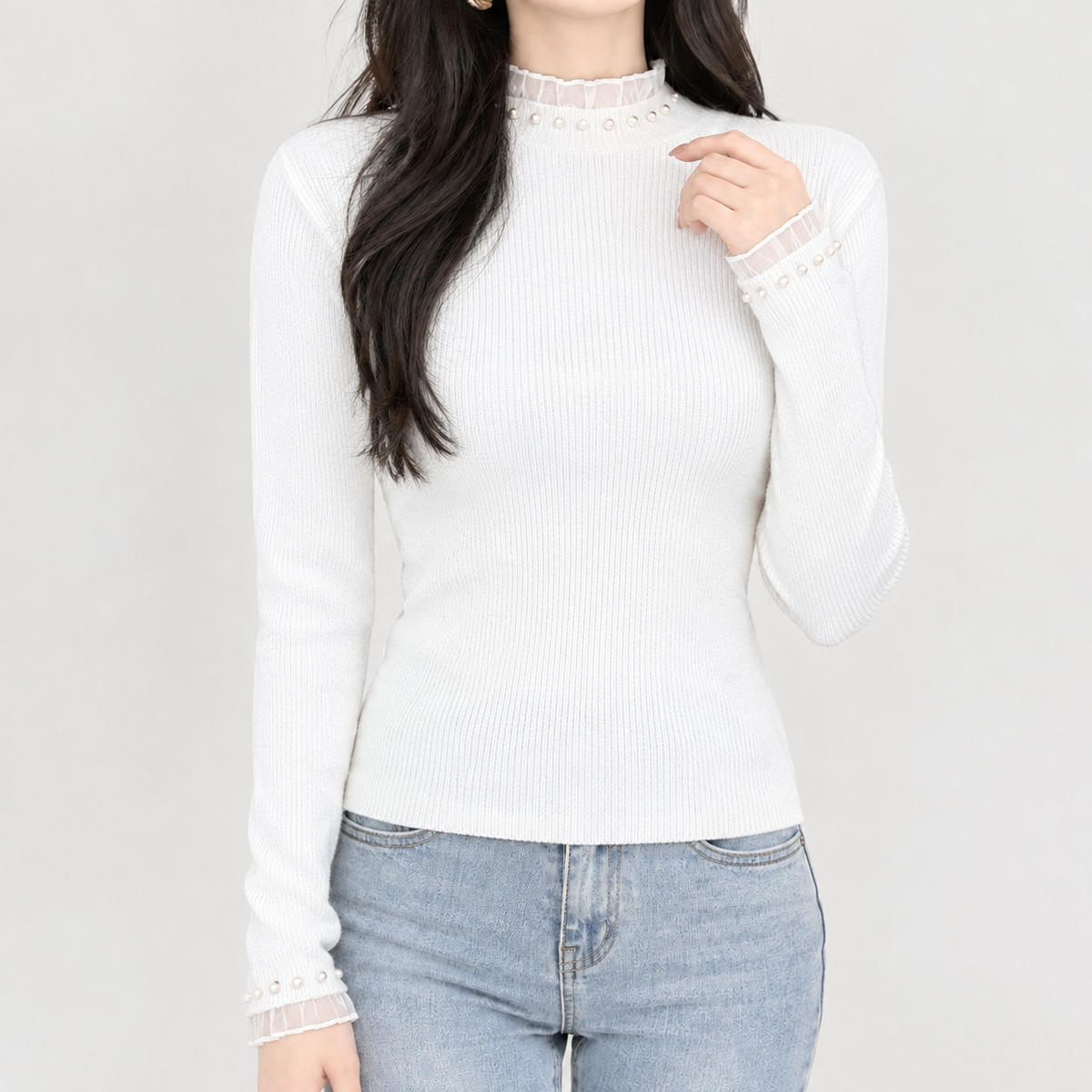 Rose Pearl Trim Sweater - White