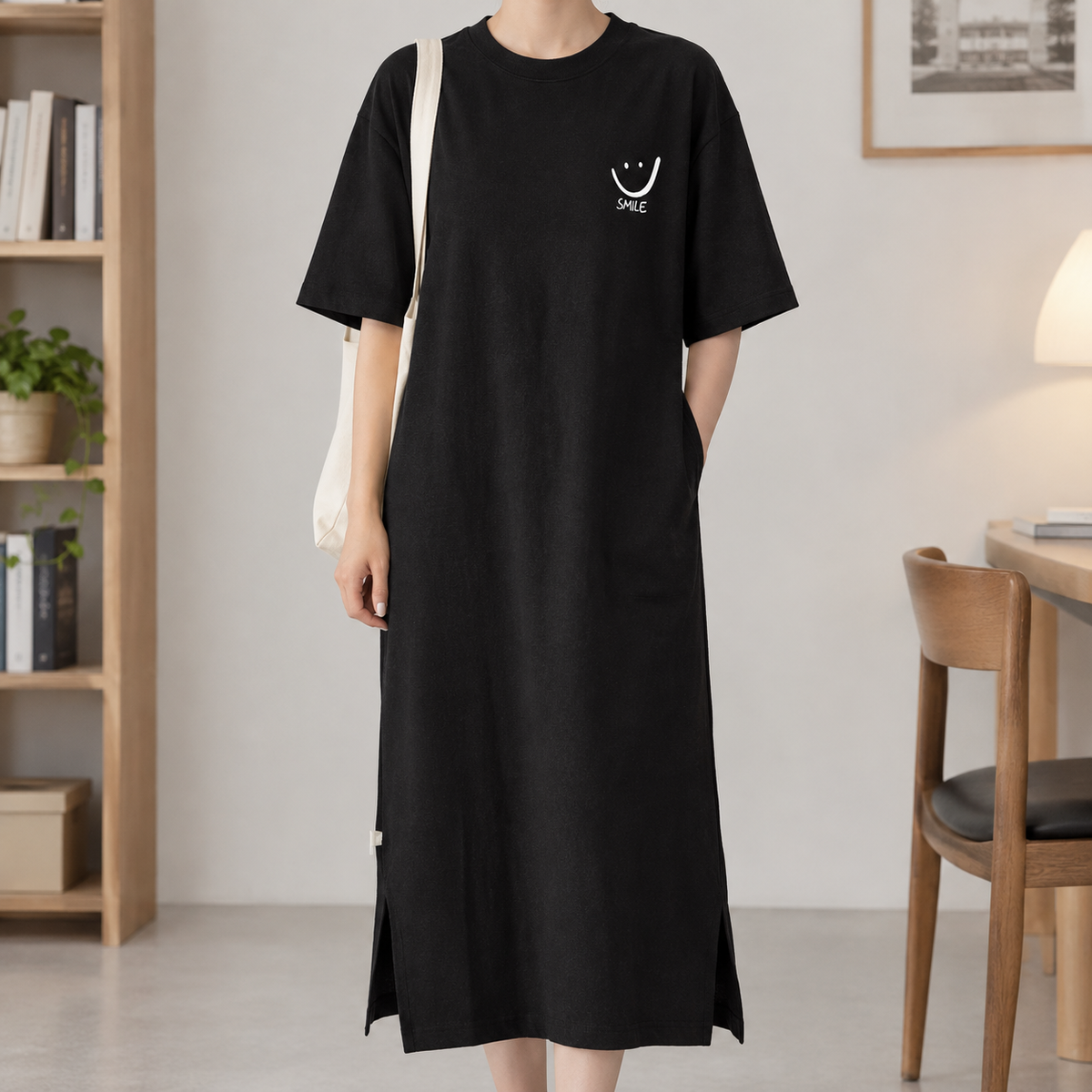 Rocio Smiley T Shirt Dress - Black