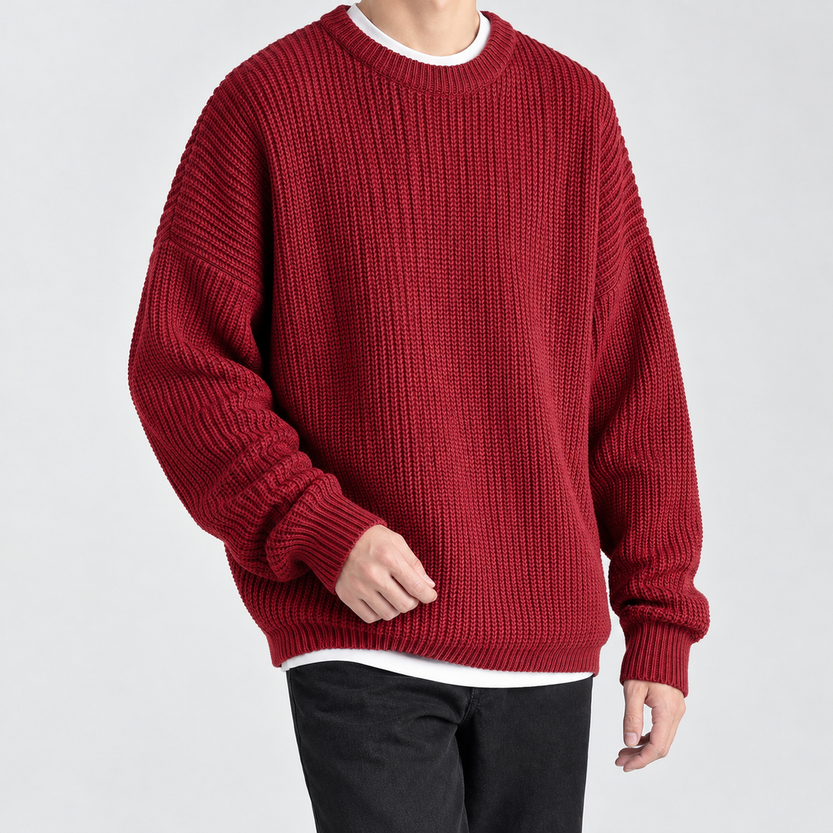 Sebastien Ribbed Crew Neck Sweater - Maroon Red