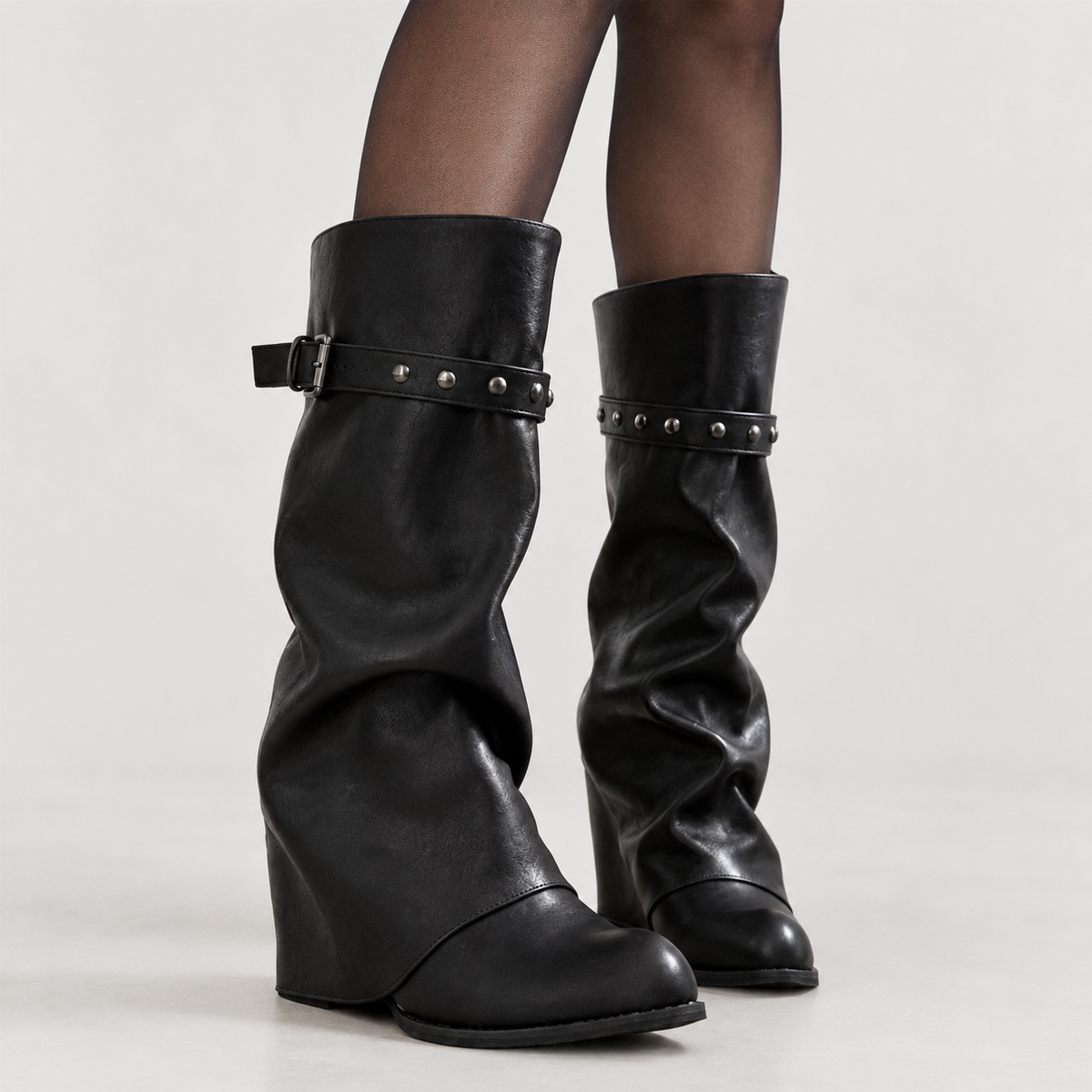 Florence Rivet Wedge Boots - Black