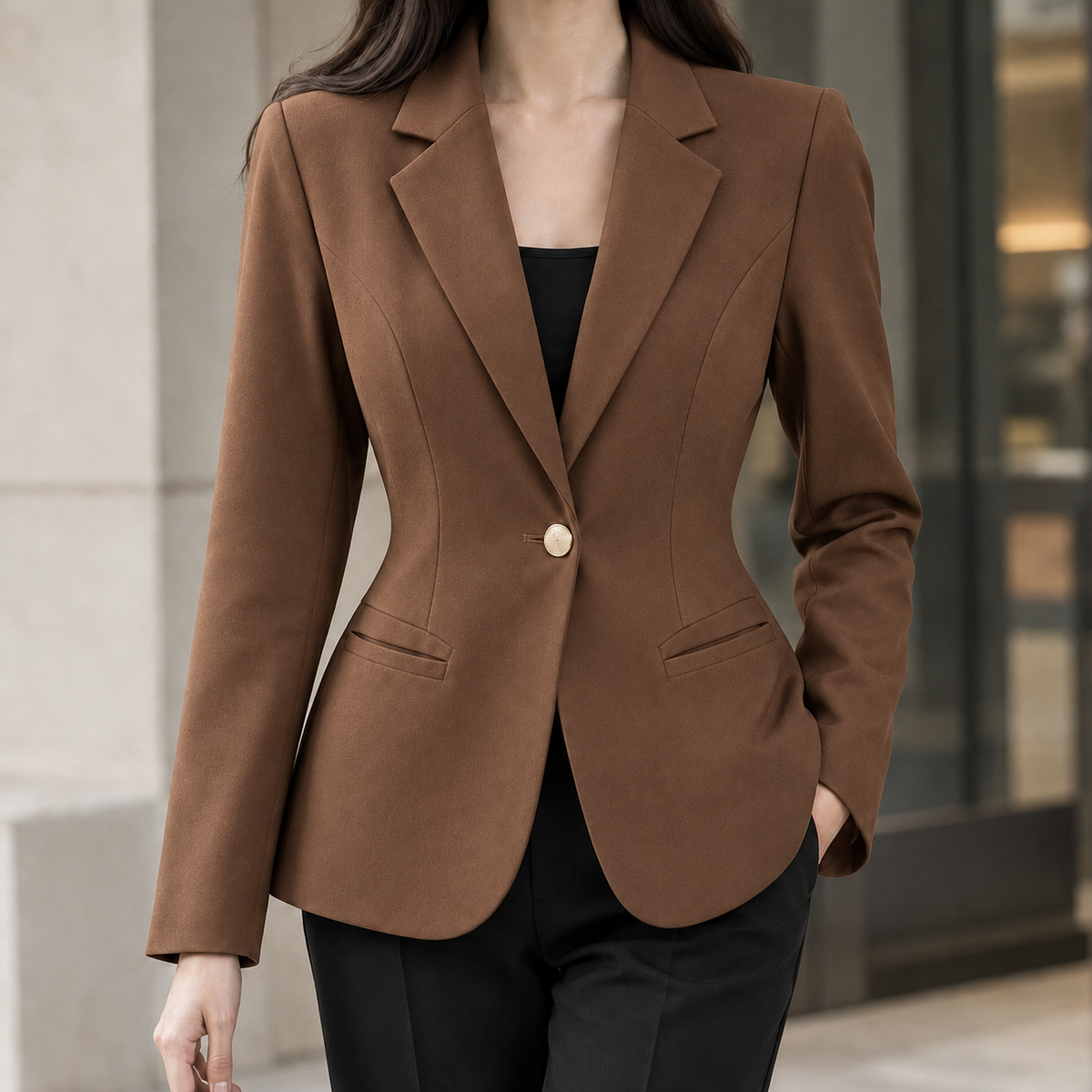 Bylgja Cinched Waist Blazer - Brown Double-layered Lining