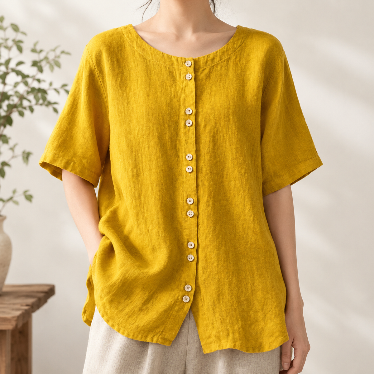 Borghild Button Front Top - Yellow