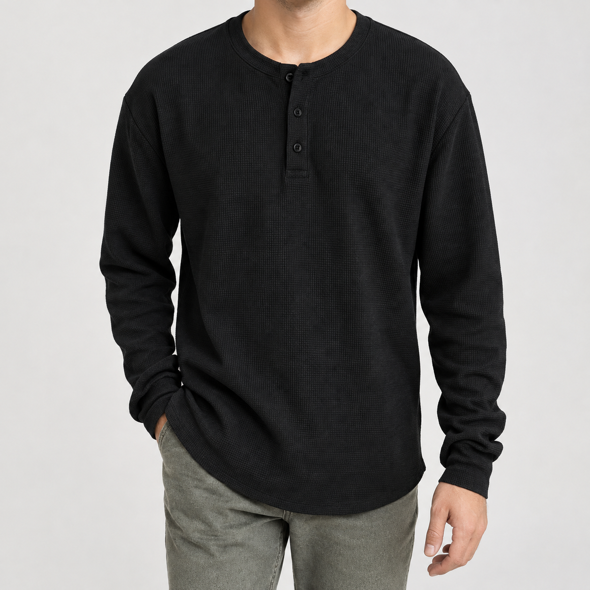 Gaston Waffle Henley Top - Black