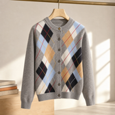 Justina Argyle Wool Cardigan - Gray