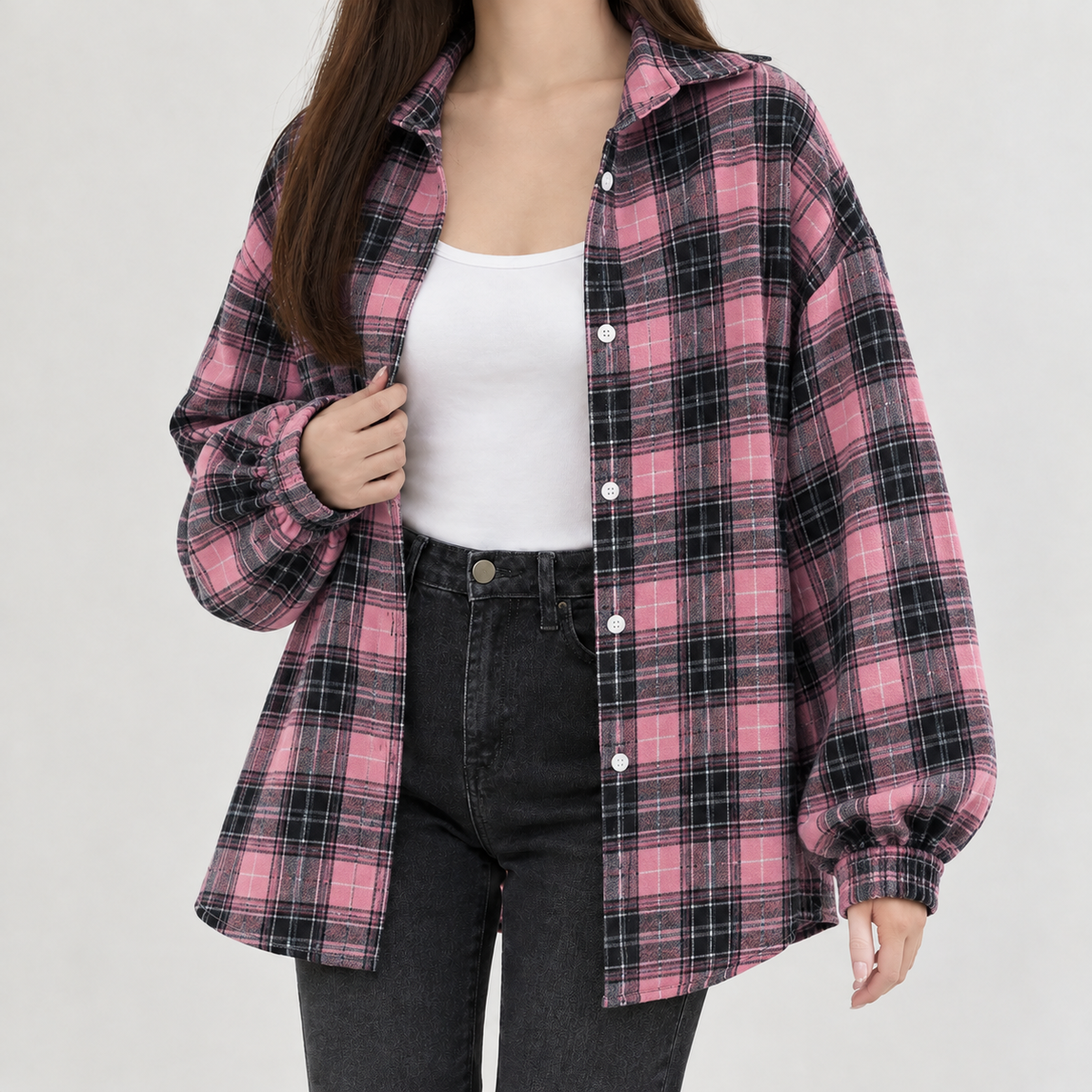 Charline Plaid Overshirt - Black Pink Grid