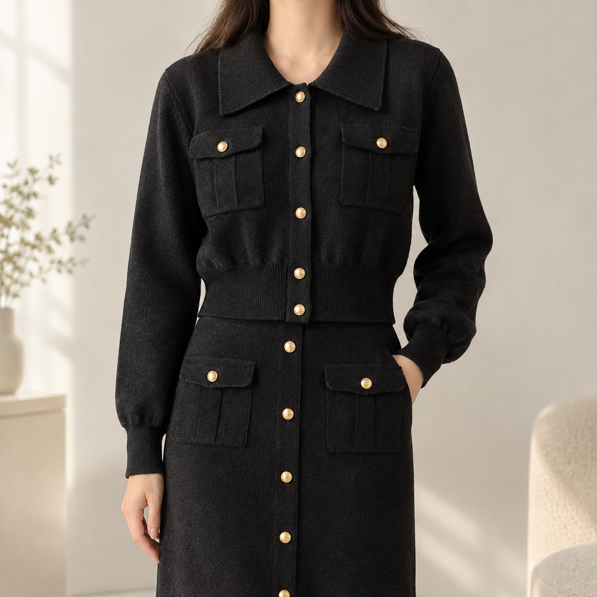 Martina Button Front Knit Set - Black
