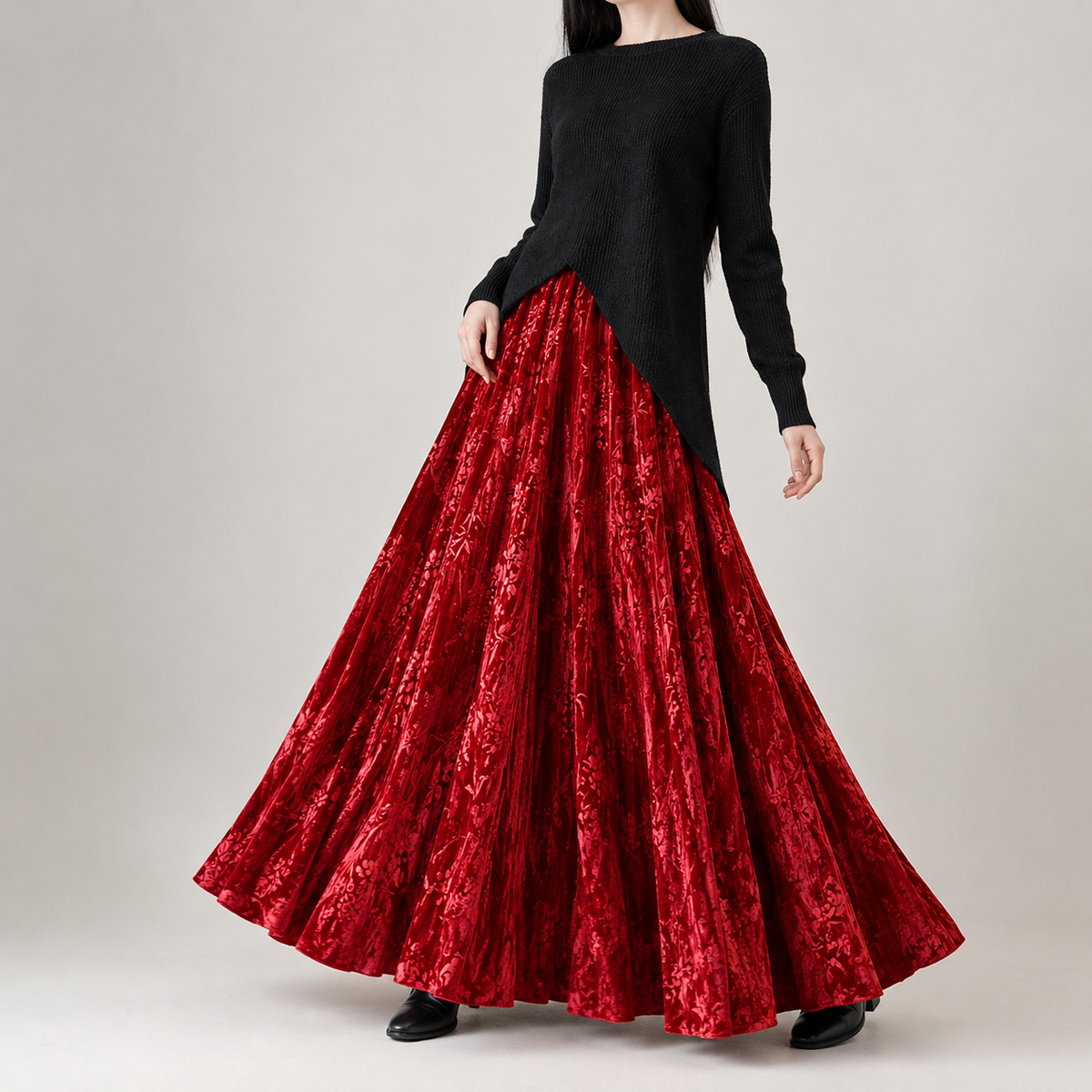 Vicenta Velvet Maxi Skirt - Chinese Red