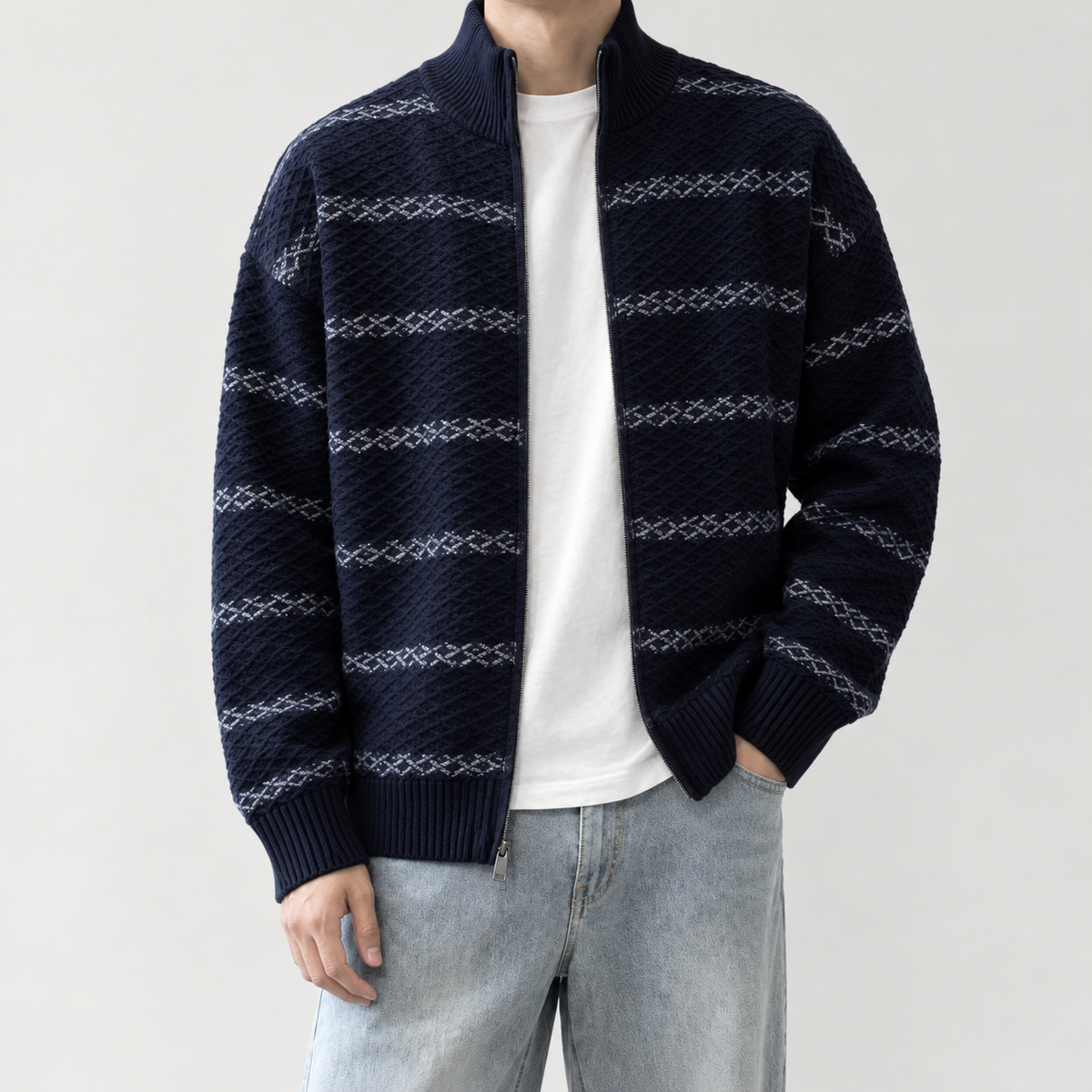 Aniello Jacquard Jacket - Navy Blue