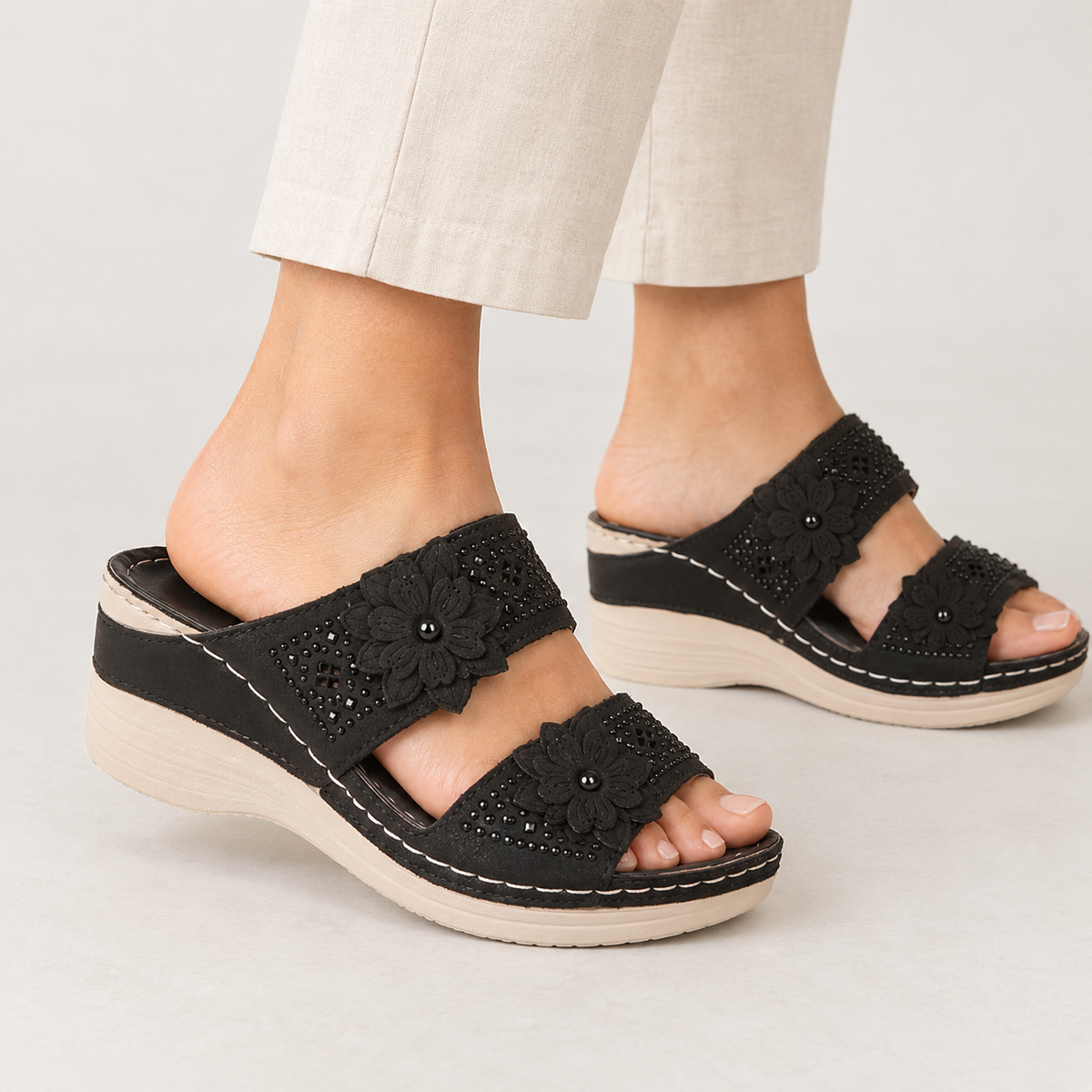 Loreto Floral Wedge Sandals - Black