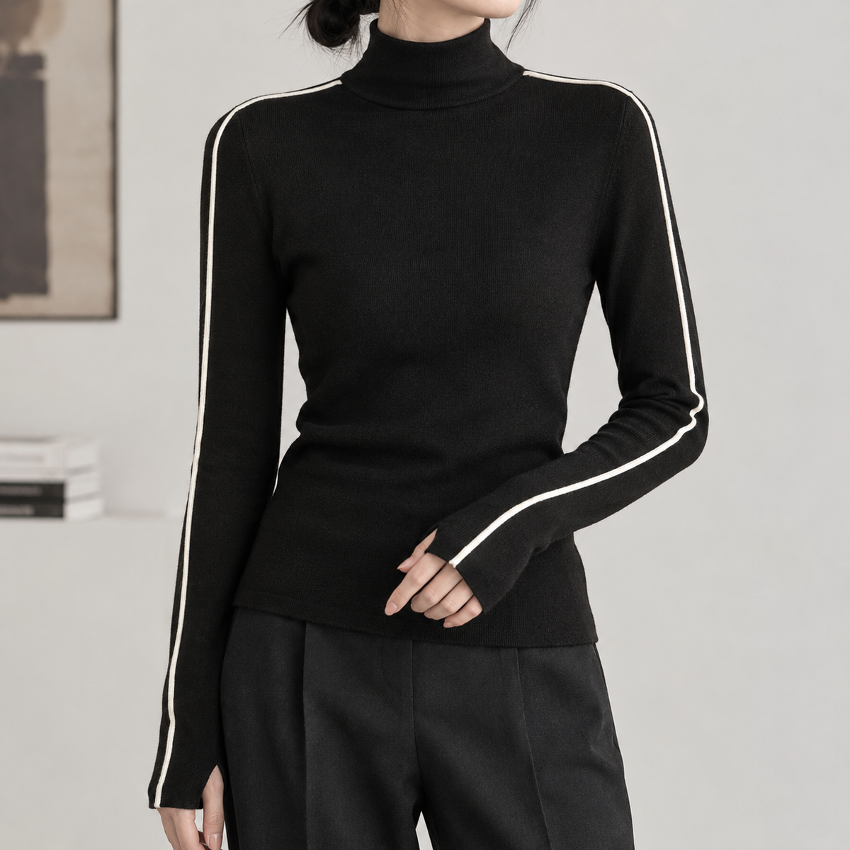 Katrien Contrast Turtleneck Top - Black