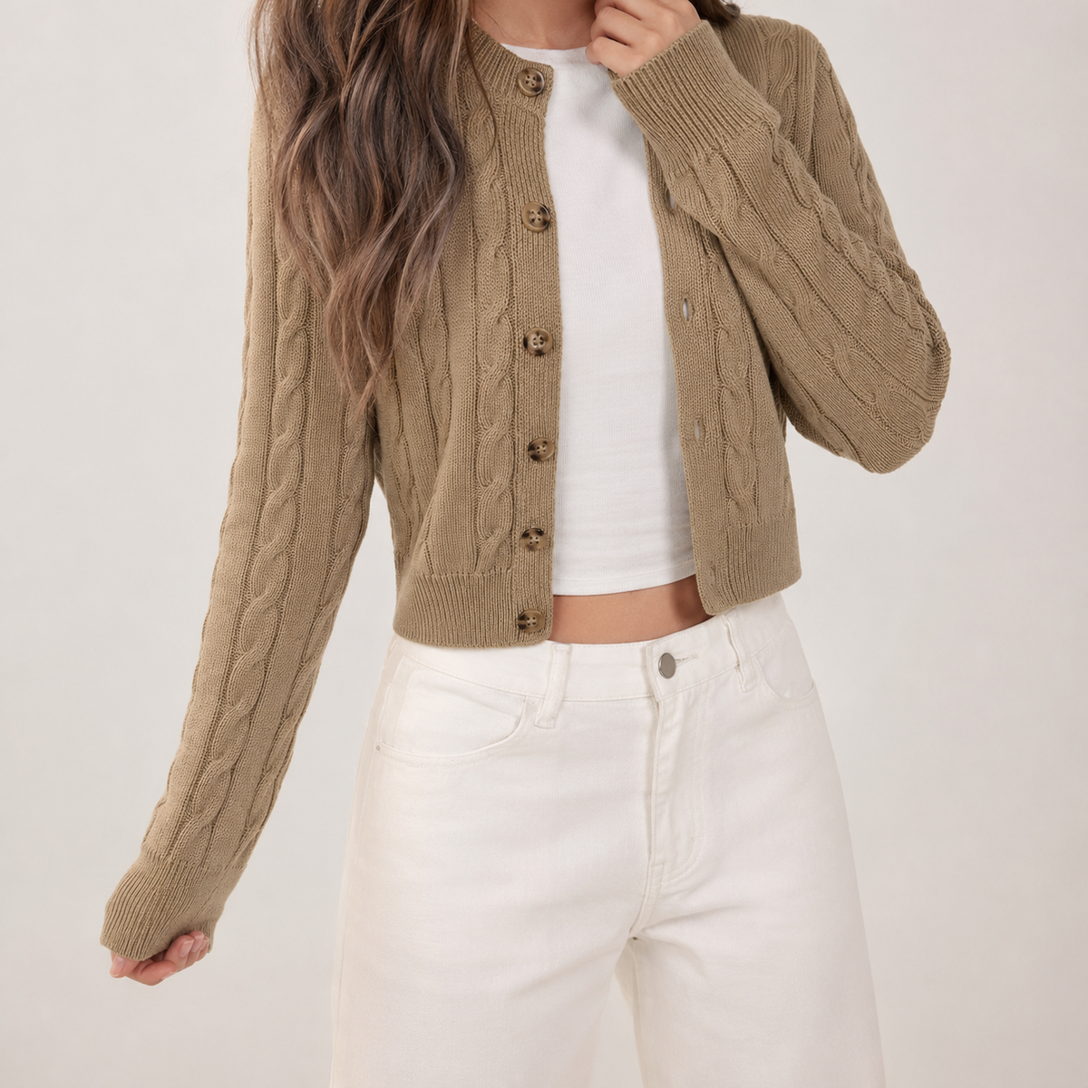 Magna Cable Knit Cardigan - Khaki