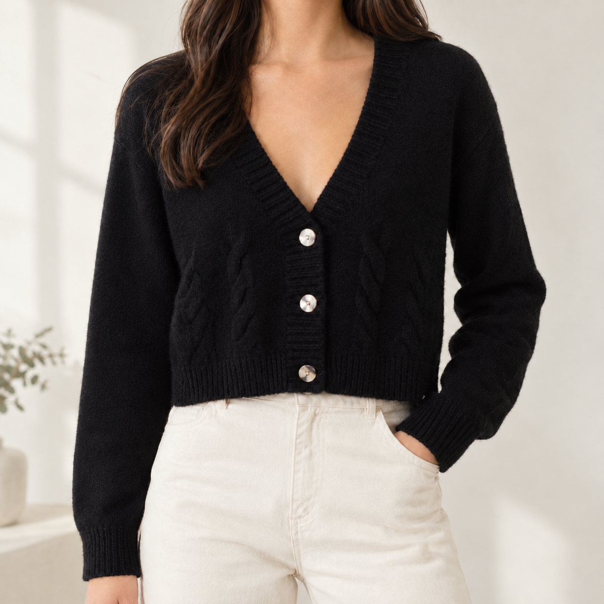 Antonina Cable Knit Cardigan - Black