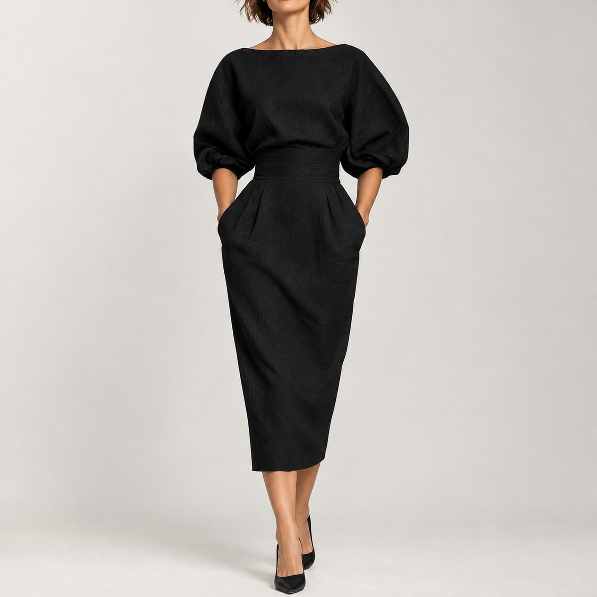 Anke Pleated Midi Dress - Black
