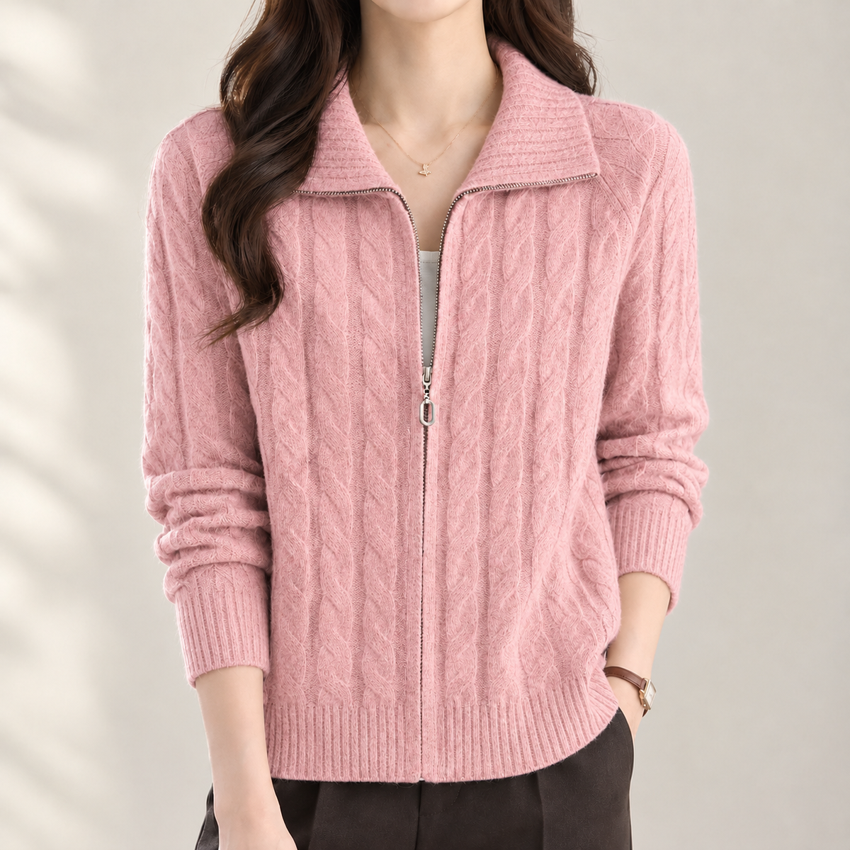 Julia Cable Knit Cardigan - Pink