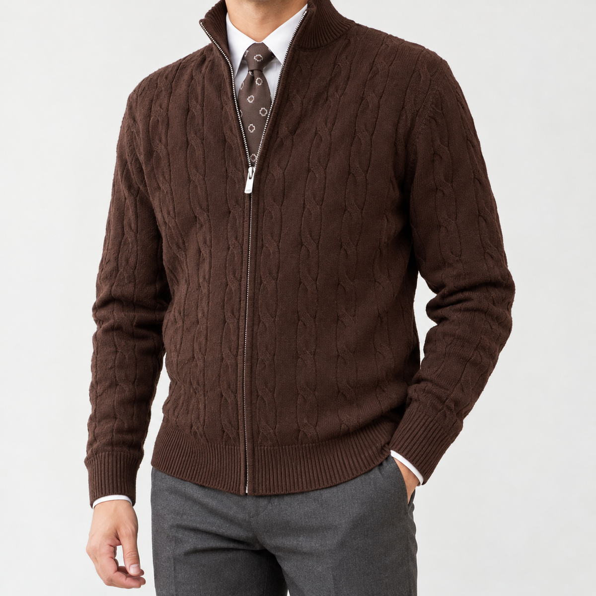 Romain Cable Knit Cardigan - Coffee