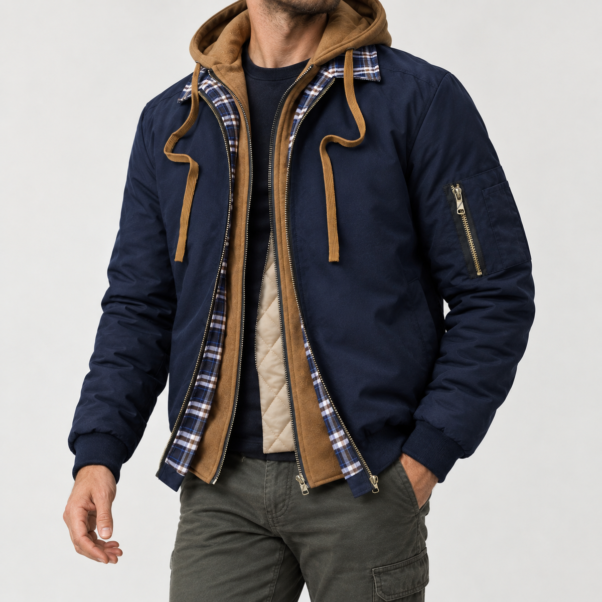 Julian Layered Hood Jacket - Navy Blue