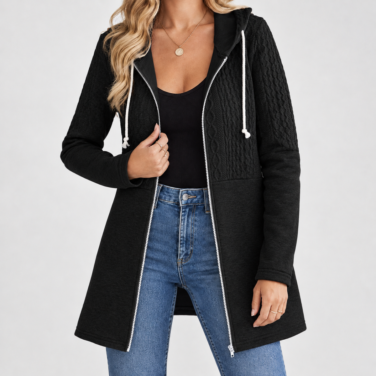 Victoire Cable Panel Hoodie - Black